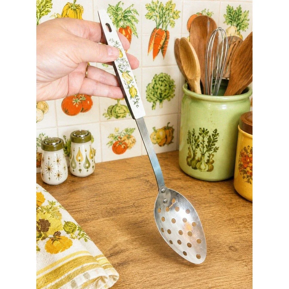 Vintage Floral Handle Slotted Spoon & Spreader Set Stainless Steel USA Mushroom